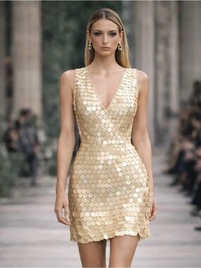 BCBG Kenzie Beaded Sequin V-Neck Dress in Champagne